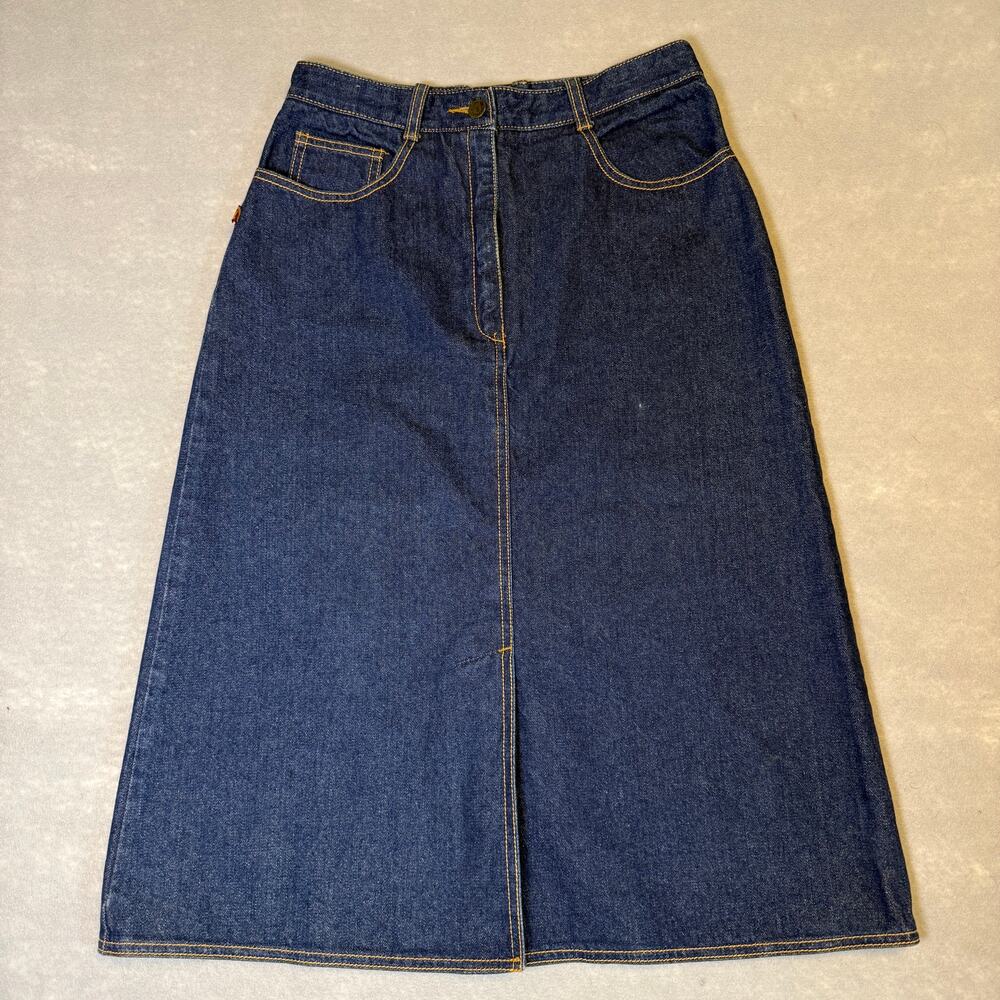 Vtg 80s Jordache denim midi skirt - dark blue front slit cotton modest size S